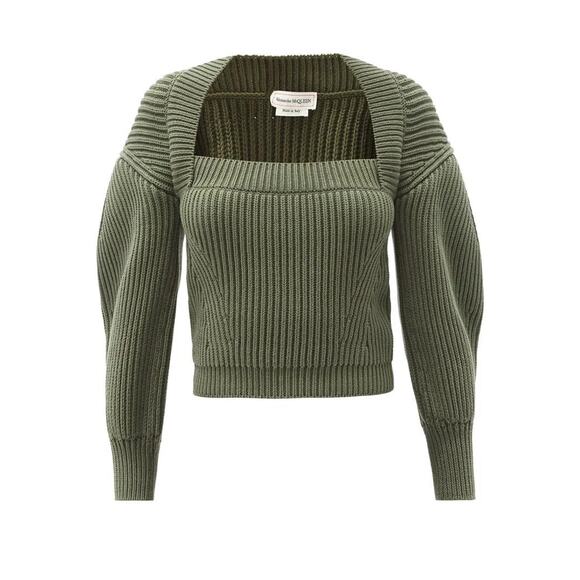 Alexander McQueen Square-Neck Ribbed Cotton Sweater - S/M - Green - Picture 1 of 6